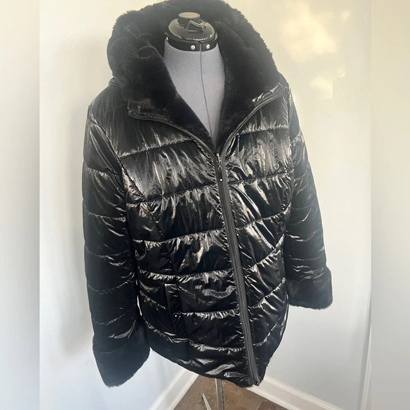 NEW Joseph Ribkoff Sz L Black Reversible Faux Fur Quilted Puffer Coat - Picture 7 of 16